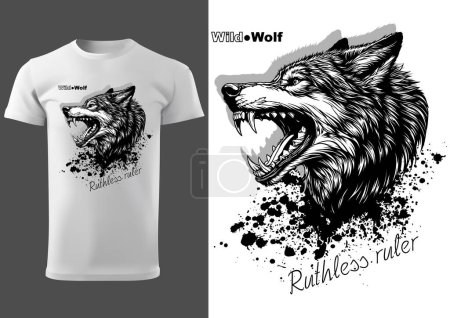 Illustration for Wild Wolf Ruthless Ruler as a Textile Print Motif - Black and White Illustration Isolated on White Background, Vector - Royalty Free Image