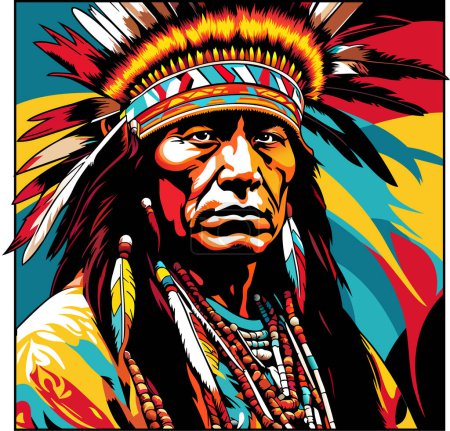 Ilustración de Retrato de un jefe nativo americano - Ilustración artística colorida aislada sobre fondo blanco, vector - Imagen libre de derechos