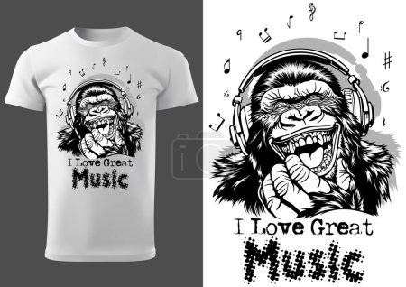 Ilustración de I Love Great Music with a Gorilla Illustration as a Textile Print Motif - Imagen en blanco y negro, Vector - Imagen libre de derechos