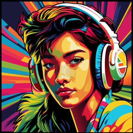 Illustration for Colorful Painting of a Girl with Headphones on her Head - Artistic Illustration Isolated on White Background, Vector - Royalty Free Image