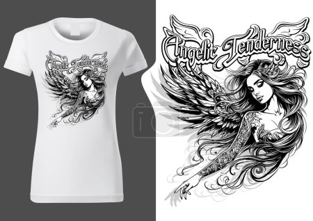 Illustration for Angelic Tenderness as a Motif with a Beautiful Girl with Long Hair for Textile Print - Black and White Illustration, Vector - Royalty Free Image