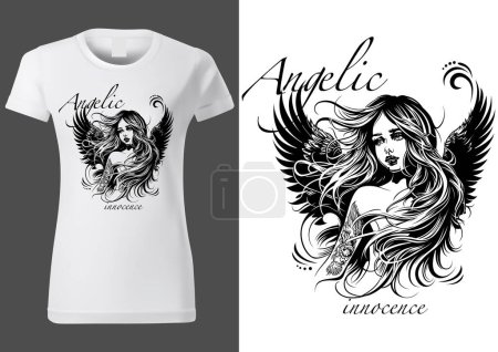 Illustration for Angelic Innocence as a Motif with a Beautiful Girl with Long Hair for Textile Print - Black and White Illustration, Vector - Royalty Free Image
