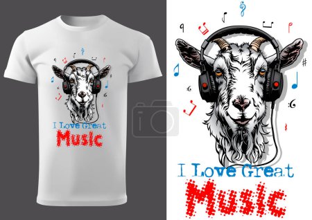 Illustration for I Love Great Music with a Goat Illustration as a Textile Print Motif - Black and White Image, Vector - Royalty Free Image