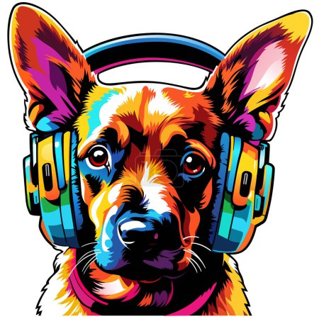 Ilustración de Retrato de un perro colorido con auriculares en la cabeza - Ilustración artística o motivo de impresión textil aislado sobre fondo blanco, vector - Imagen libre de derechos