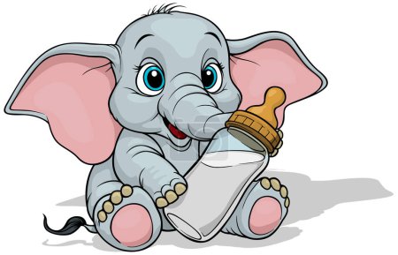 Téléchargez les illustrations : Éléphant bébé assis avec biberon Illustration de bande dessinée colorée isolée sur fond blanc, vecteur - en licence libre de droit