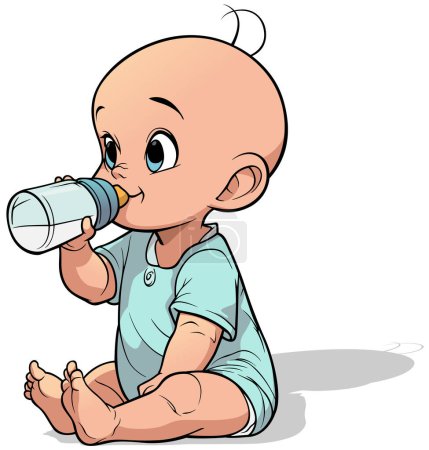 Karikatur Neugeborenes, das eine Babyflasche hält und auf dem Boden sitzt - Farbige Illustration auf weißem Hintergrund isoliert, Vektor