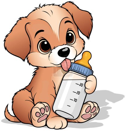 Illustration for Sitting Cute Puppy with Baby Bottle - Colored Cartoon Illustration Isolated on White Background, Vector - Royalty Free Image
