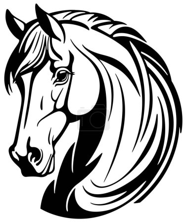 Téléchargez les illustrations : Tête de cheval comme logo Illustration noir et blanc pour l'impression textile ou comme tatouage isolé sur fond blanc, vecteur - en licence libre de droit