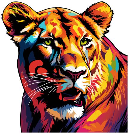 Illustration for A Colorful Lioness Portrait - Artistic Illustration or Textile Print Motif Isolated on White Background, Vector - Royalty Free Image