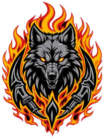 Téléchargez les illustrations : Brûler des flammes avec une tête de loup - Illustration colorée ou motif imprimé textile isolé sur fond blanc, vecteur - en licence libre de droit