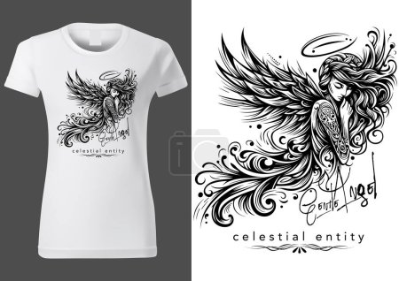 Illustration for Gentle Angel as a Motif with a Beautiful Girl with Long Hair for Textile Print - Black and White Illustration, Vector - Royalty Free Image