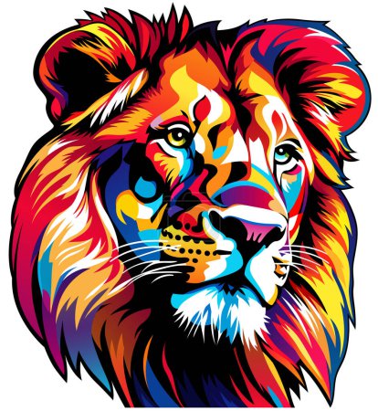 Téléchargez les illustrations : Portrait de lion coloré - Illustration artistique ou motif imprimé textile isolé sur fond blanc, vecteur - en licence libre de droit