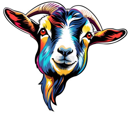 Téléchargez les illustrations : Portrait coloré d'une chèvre - Illustration artistique ou motif imprimé textile isolé sur fond blanc, vecteur - en licence libre de droit