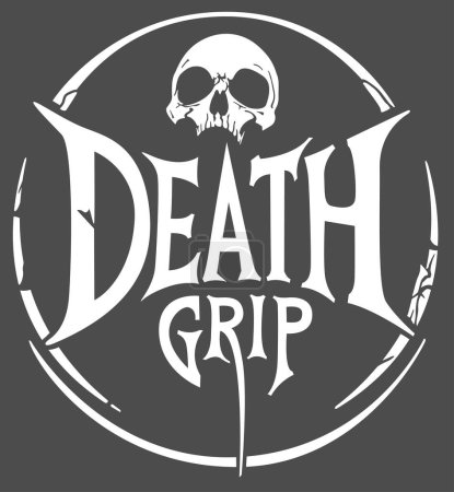 Ilustración de Logotipo de Death Grip con cráneo e inscripciones - Ilustración en blanco o negro aislada sobre fondo, vector - Imagen libre de derechos