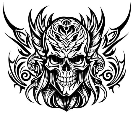 Illustration for Skull with Decorations as a Tattoo or Motif for Textile Printing - Black and White Illustration Isolated on White Background, Vector - Royalty Free Image