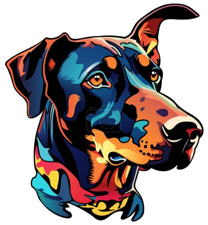 Un colorido retrato de perro Doberman - Ilustración artística o motivo de impresión textil aislado sobre fondo blanco, vector
