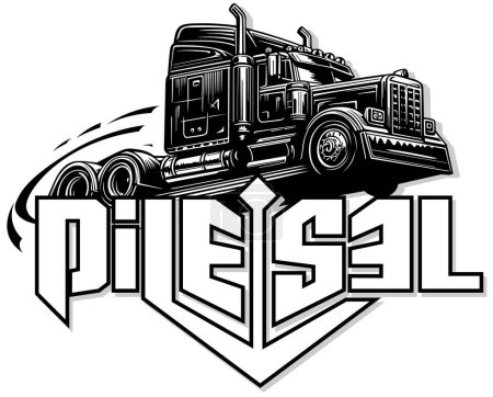 Amerikanischer LKW und Schriftzug Diesel - Schwarze Zeichnung auf weißem Hintergrund, Vektor