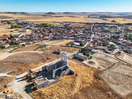 Photo for Aerial view of the small village of Mota del Marques in Valladolid province, as seen from over the ruins of its castle. - Royalty Free Image
