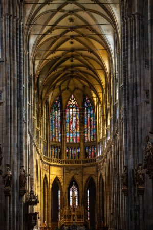 Inside view of the main nave of St. Vitus Cathedral within the Prague Castle complex in the Czech Republic.