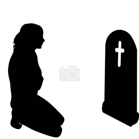 Illustration for Woman silhouette on her knees in front of a grave - Royalty Free Image