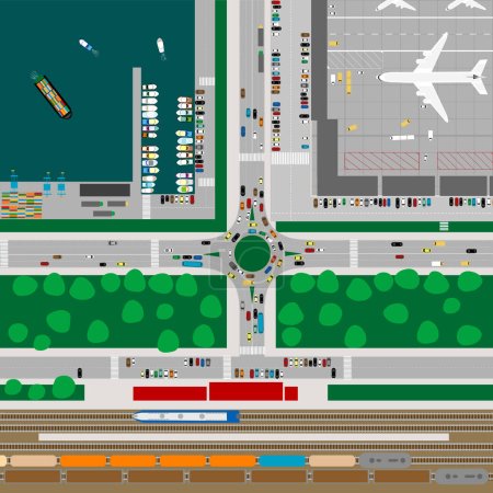 Ilustración de Vista aérea de una ciudad. Principales medios de transporte de mercancías y pasajeros - Imagen libre de derechos