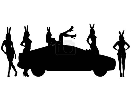 Téléchargez les illustrations : Silhouettes noires de filles sexy avec des oreilles de lapin autour d'une voiture - en licence libre de droit