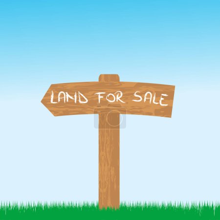 Illustration for Land for sale wooden sign in a green area - Royalty Free Image