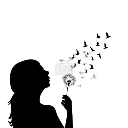 Illustration for Girl blowing on dandelion and the seeds are transforming into birds - Royalty Free Image