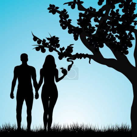 Illustration for Silhouette of Adam and Eve under the forbidden apple tree and the snake - Royalty Free Image