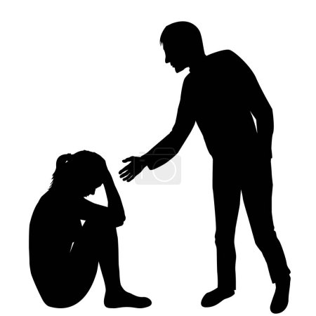 Ilustración de Hombre extendiendo una mano amiga a una mujer triste sentada en el suelo - Imagen libre de derechos