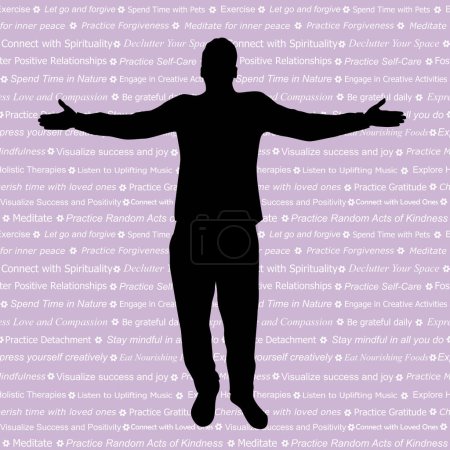 Illustration for Man silhouette enjoying life on a background with phrases that contain methods of raising vibration - Royalty Free Image