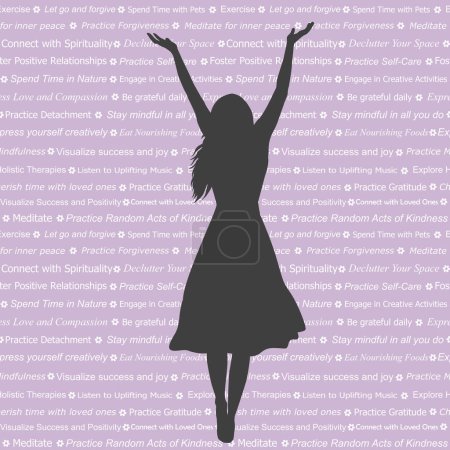 Illustration for Woman silhouette enjoying life on a background with phrases that contain methods of raising vibration - Royalty Free Image