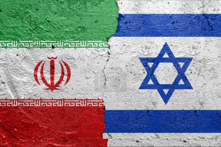 Iran and Israel flag as graffiti on concrete broken wall background