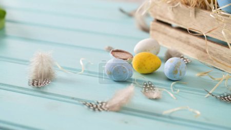Huevos azules y blancos de Pascua en caja de madera y tulipanes blancos.