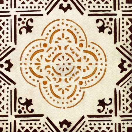 Watercolor illustration of portuguese ceramic tiles pattern. Single square tile.-stock-photo