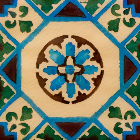 Téléchargez les photos : Illustration aquarelle du motif portugais de carreaux de céramique. Tuile carrée simple. - en image libre de droit