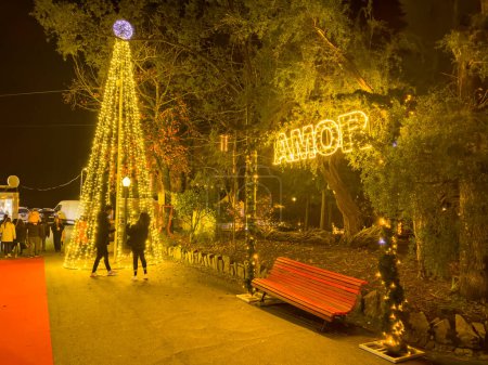 Photo for Oliveira de Azemeis, Portugal - december 2 2023: A walker's point of view of Christmas lights decorating the La Salette park during Christmas season. - Royalty Free Image