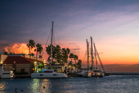 Photo for Oranjestad Aruba seen at sunset with boats, ocean and palm trees - Royalty Free Image