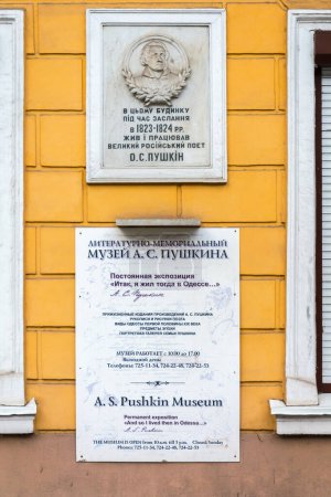 Photo for Odessa, Ukraine - APR 28, 2019: Commemorative plaque on a building in Odessa, Ukraine. In this building lived the famous Russian poet A.S. Pushkin, museum work schedule. - Royalty Free Image