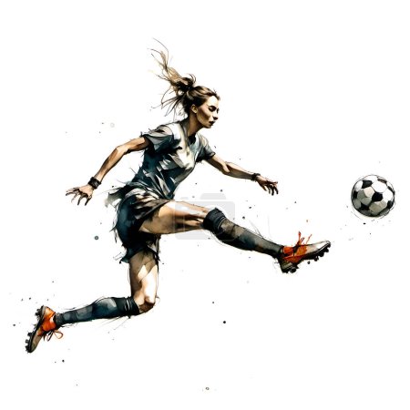 Foto de Hermosa jugadora de fútbol femenino pateando pelota sobre fondo blanco - Imagen libre de derechos