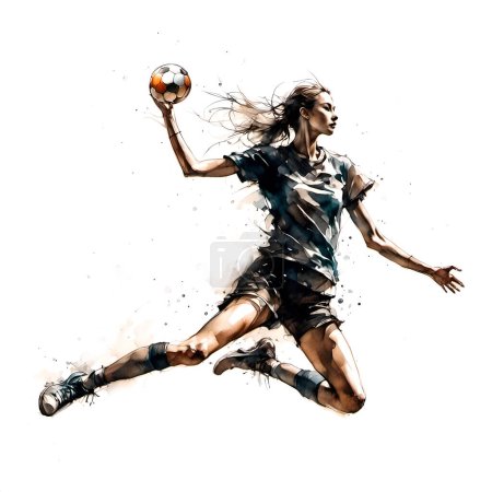 Photo for Watercolor silhouette of a woman handball player on white background. - Royalty Free Image