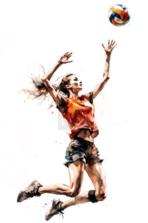 Ilustración de Saltando joven jugador de voleibol femenino aislado sobre fondo blanco - Imagen libre de derechos