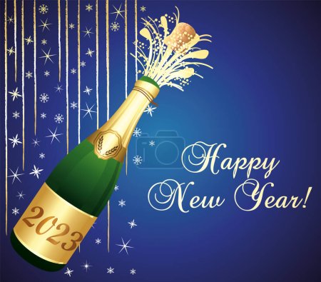 ¡Feliz año nuevo! Tarjeta de felicitación azul y dorada con champán y decoraciones para fiestas. Ilustración vectorial.