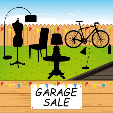 Ilustración de Venta de garaje. Ilustración vectorial colorido en particular patio con objetos para la venta. - Imagen libre de derechos