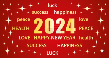 Ilustración de 2024 Feliz Año Nuevo. Tarjeta de felicitación roja y dorada con los mejores deseos. Banner de vector de ilustración. - Imagen libre de derechos