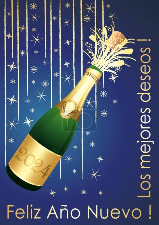 Blue and gold Happy New Year 2024 Greeting card. Spanish language. Format A4. Champaign bottle with cork explosion. Festive background. Vector illustration.