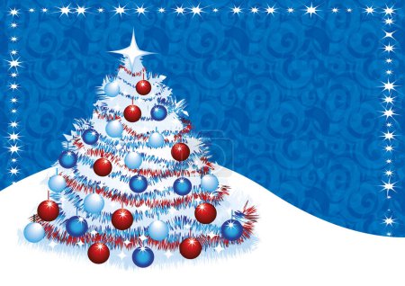 Merry christmas. Greeting card with blank copy space. Festive background with white christmas tree and red and blue ornaments. Vector illustration. Format A4.