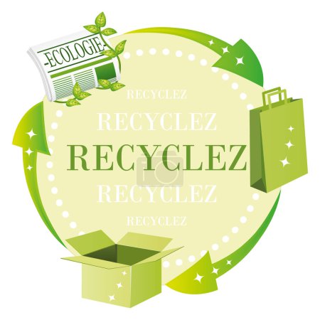 Recycle! Vector illustration about cardboard paper recycling. French language.