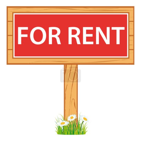 Wooden sign with for rent sign. Vector illustration. Real estate.