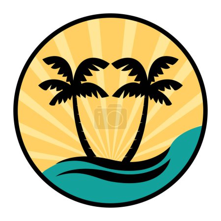 Foto de Icono de vacaciones. Siluetas de palmeras en una isla con olas oceánicas y puesta de sol. Vector ilustración dibujada a mano. - Imagen libre de derechos